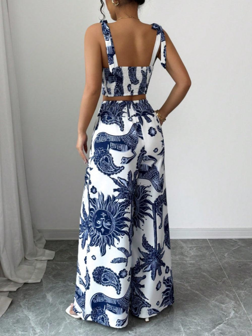 Printed V-neck top + loose wide-leg trousers set