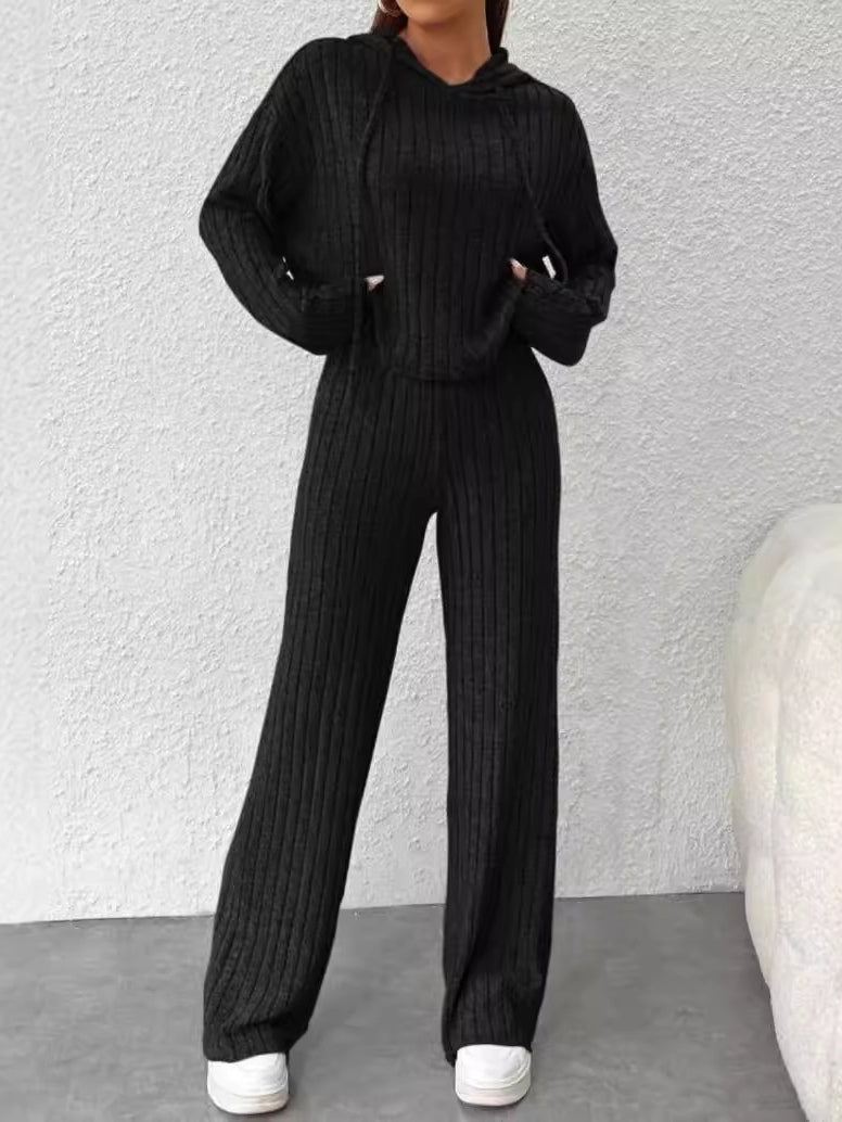 Loose hooded knitted striped long-sleeved set