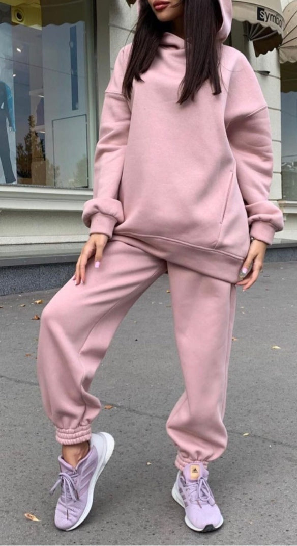 Fashionable solid colour hooded sweatshirt casual two-piece suit