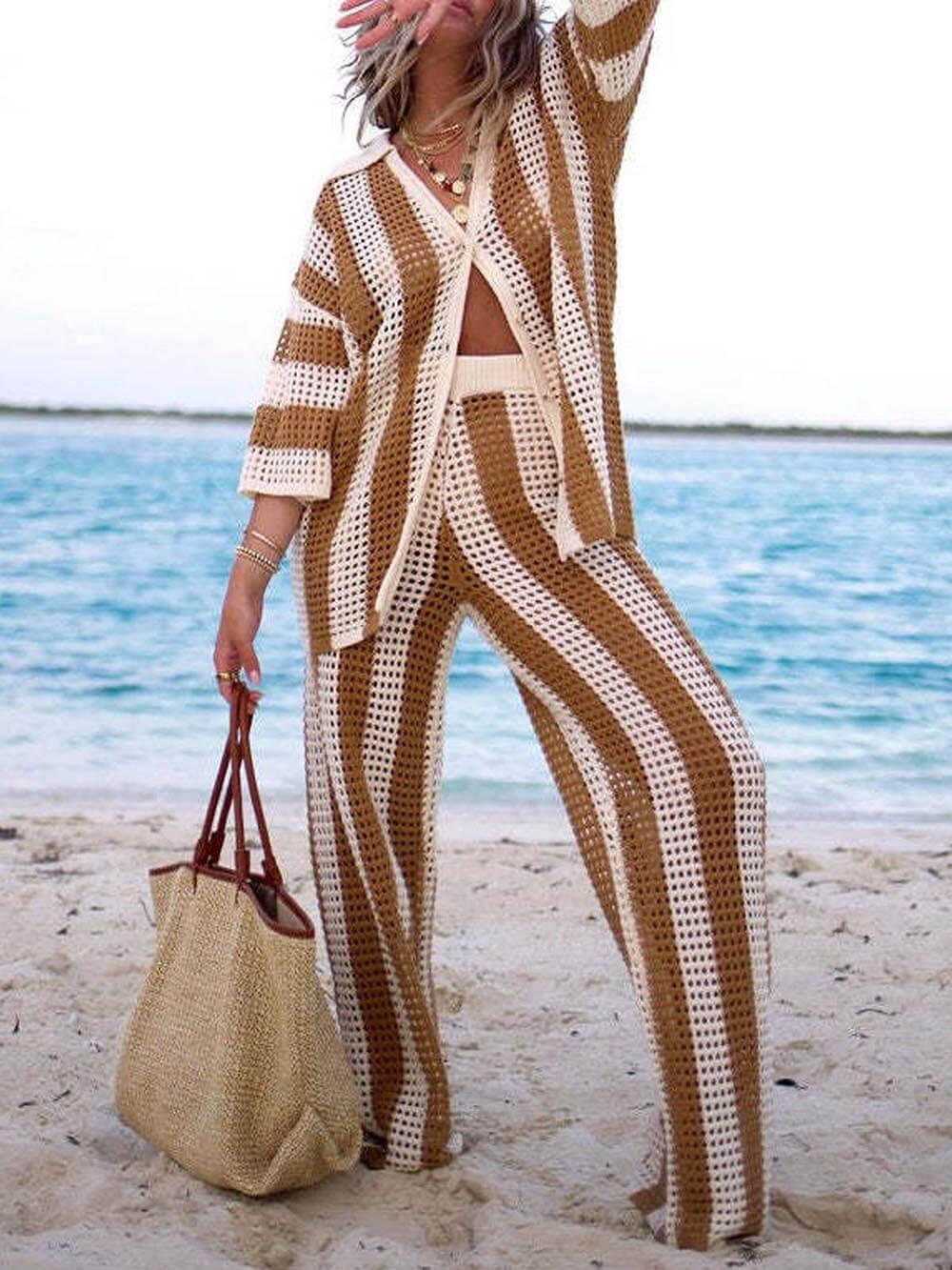 Loose V-Neck Fashion Hollow Out Striped Shirt Wide Leg Trousers Set