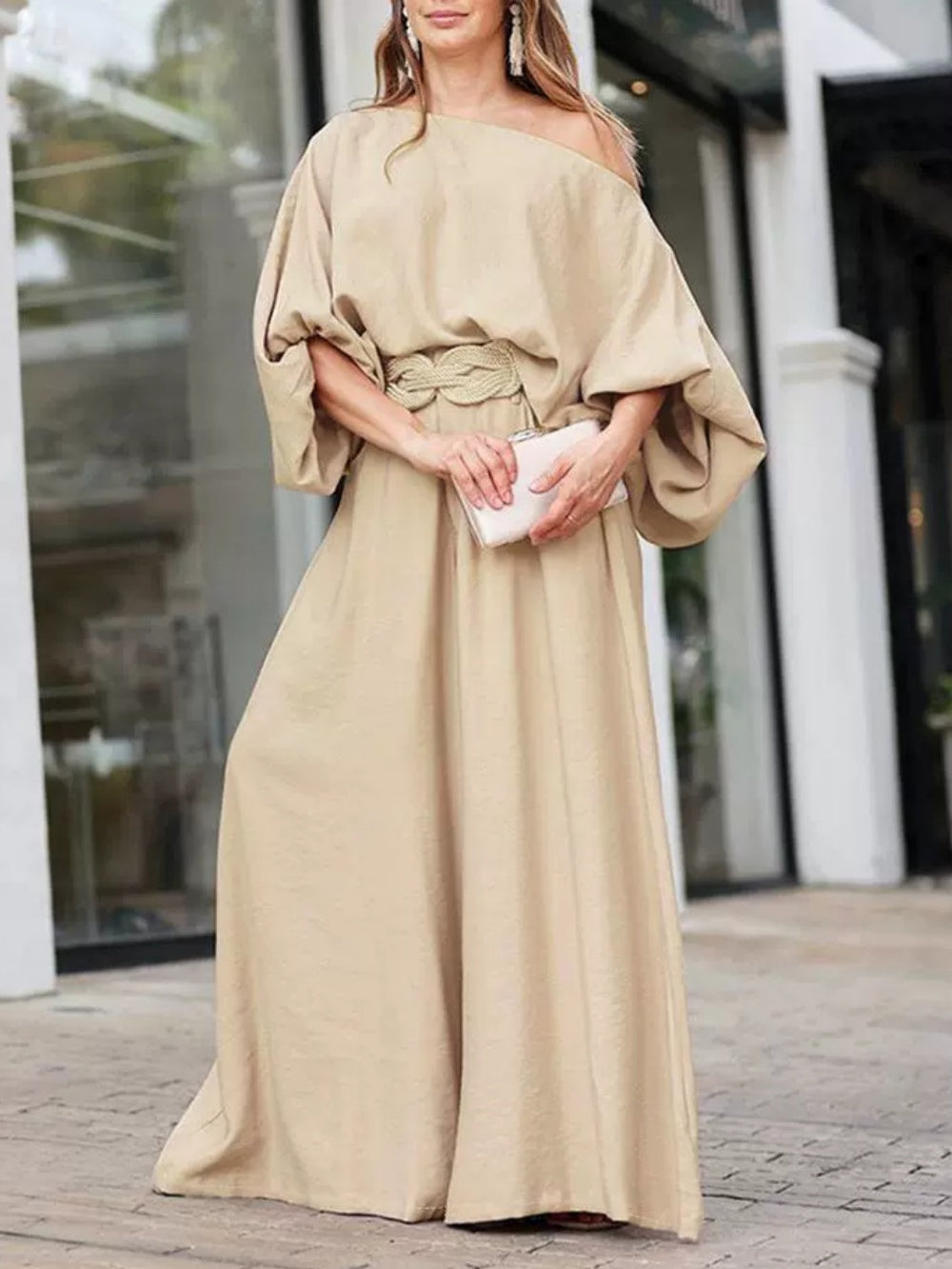Off-shoulder lantern sleeve loose top and trousers set