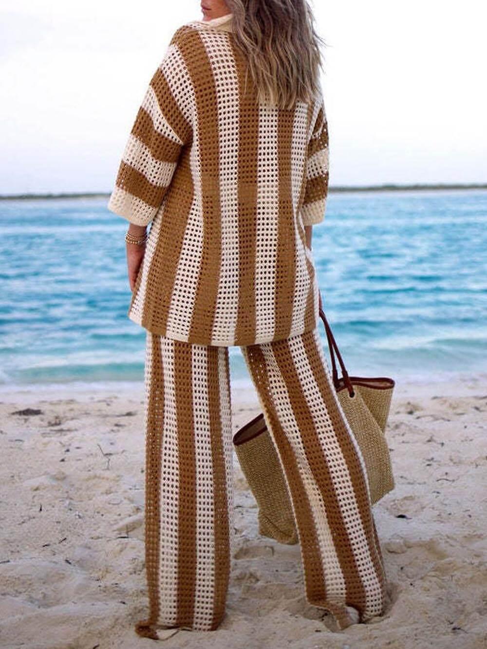 Loose V-Neck Fashion Hollow Out Striped Shirt Wide Leg Trousers Set