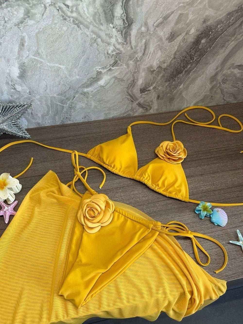 Yellow flower swimsuit three-piece set