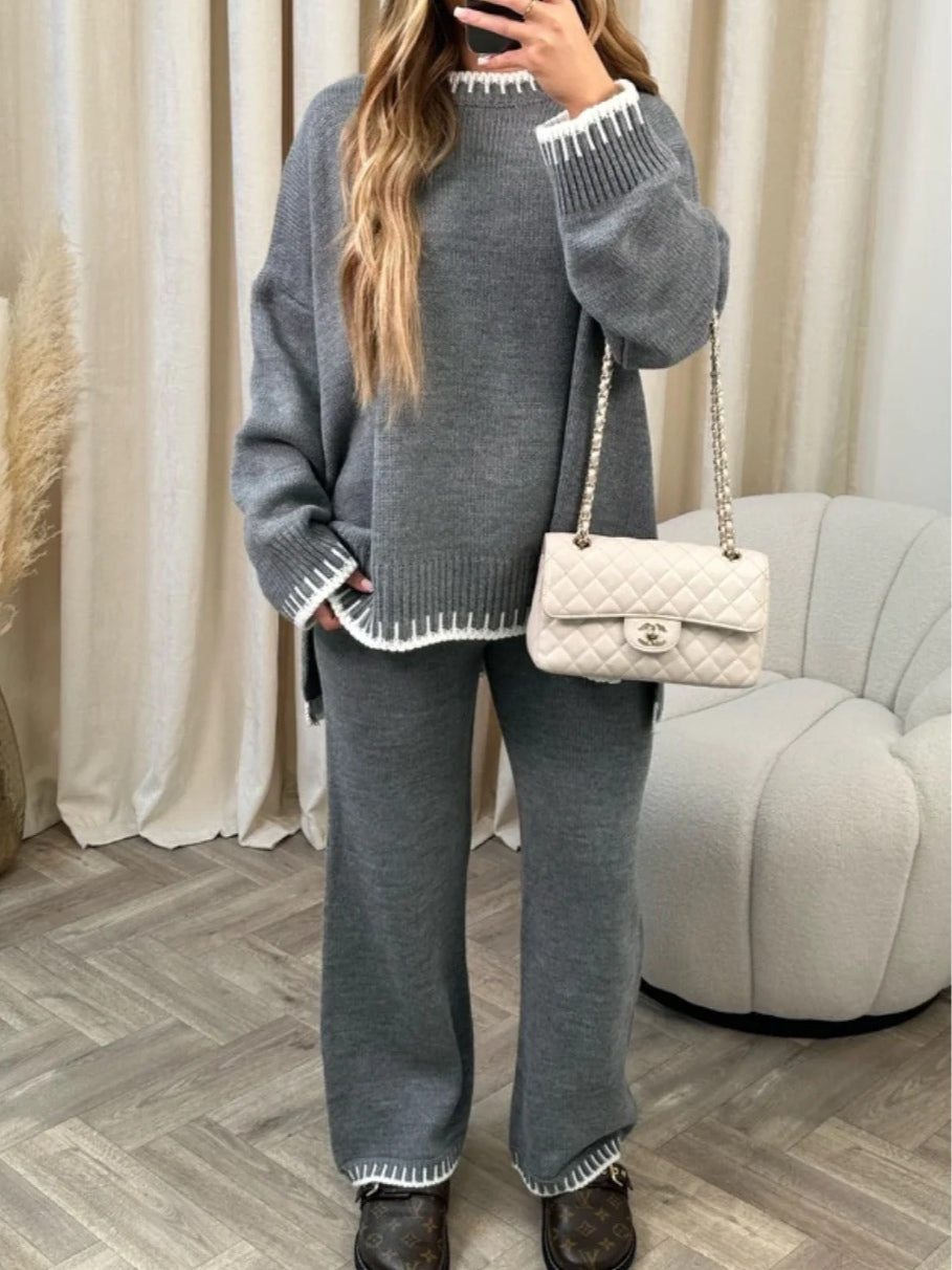 Casual colour-blocked solid colour sweater loose two-piece set