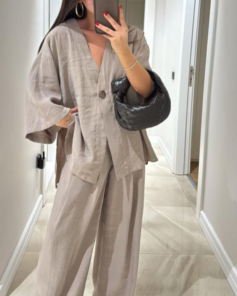 Casual V-Neck Top & Trousers Two-Piece Set