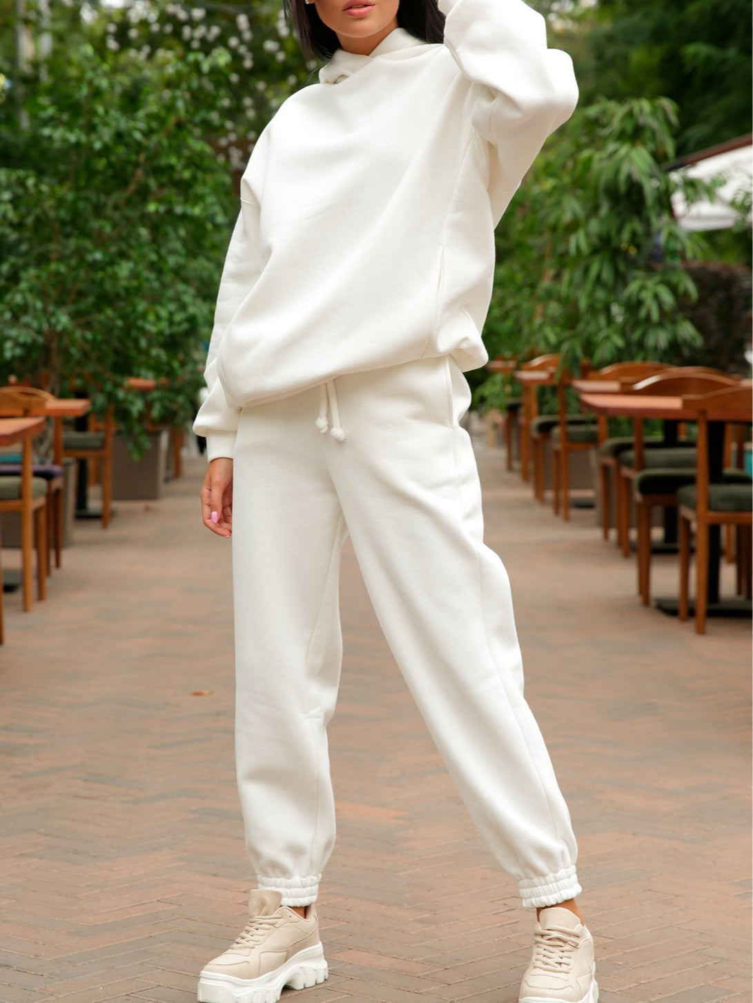 Fashionable solid colour hooded sweatshirt casual two-piece suit