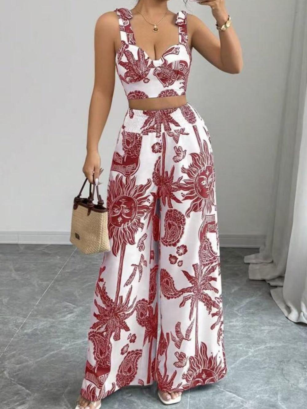 Printed V-neck top + loose wide-leg trousers set