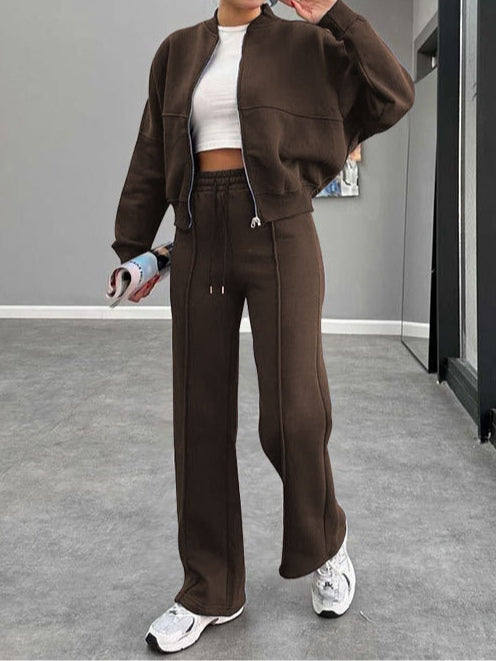 Women's zip-up cardigan and straight leg trousers suit