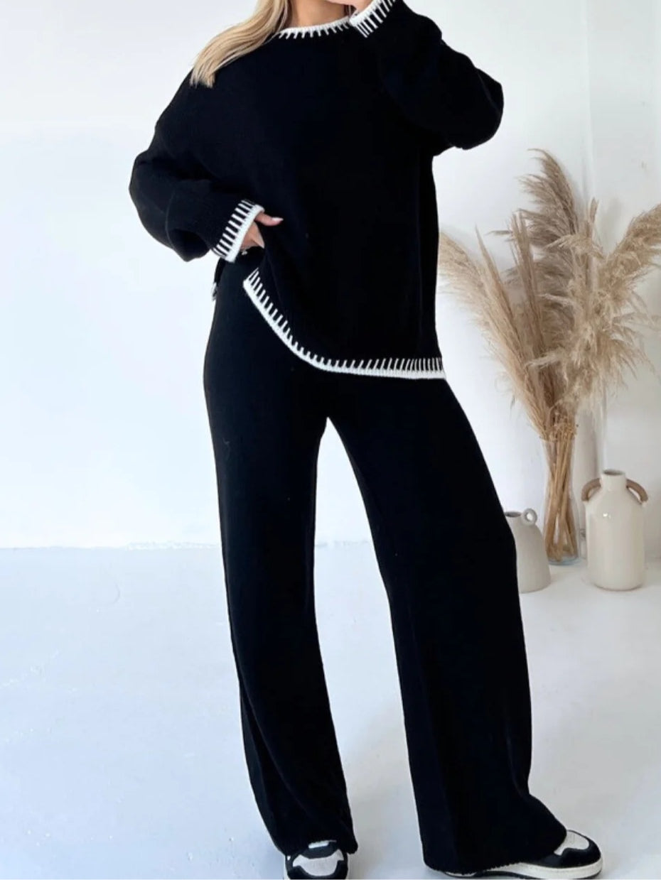 Casual colour-blocked solid colour sweater loose two-piece set