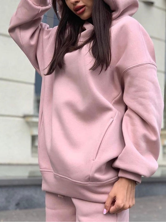 Fashionable solid colour hooded sweatshirt casual two-piece suit