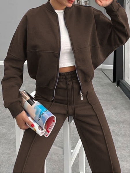 Women's zip-up cardigan and straight leg trousers suit