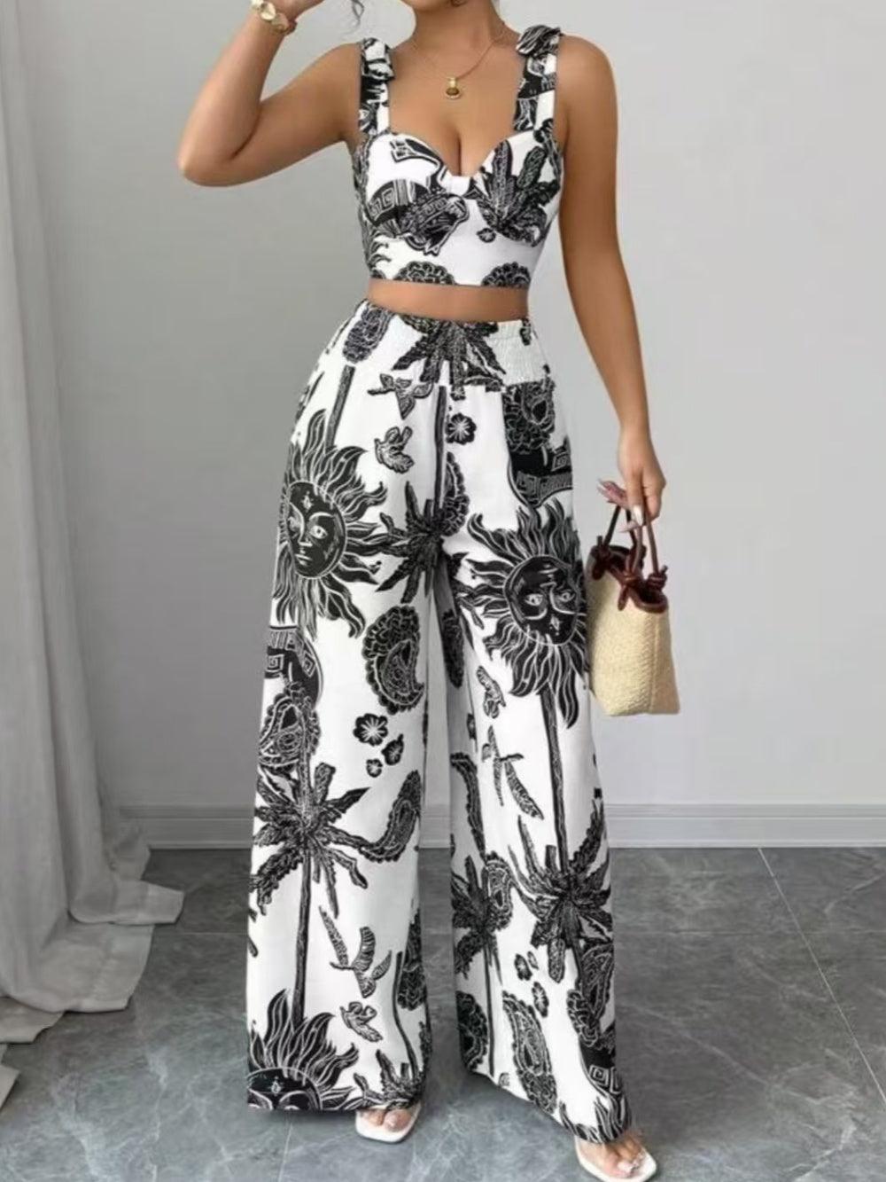 Printed V-neck top + loose wide-leg trousers set