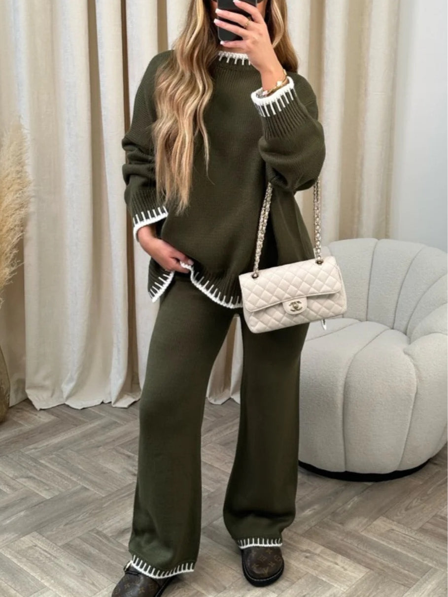 Casual colour-blocked solid colour sweater loose two-piece set