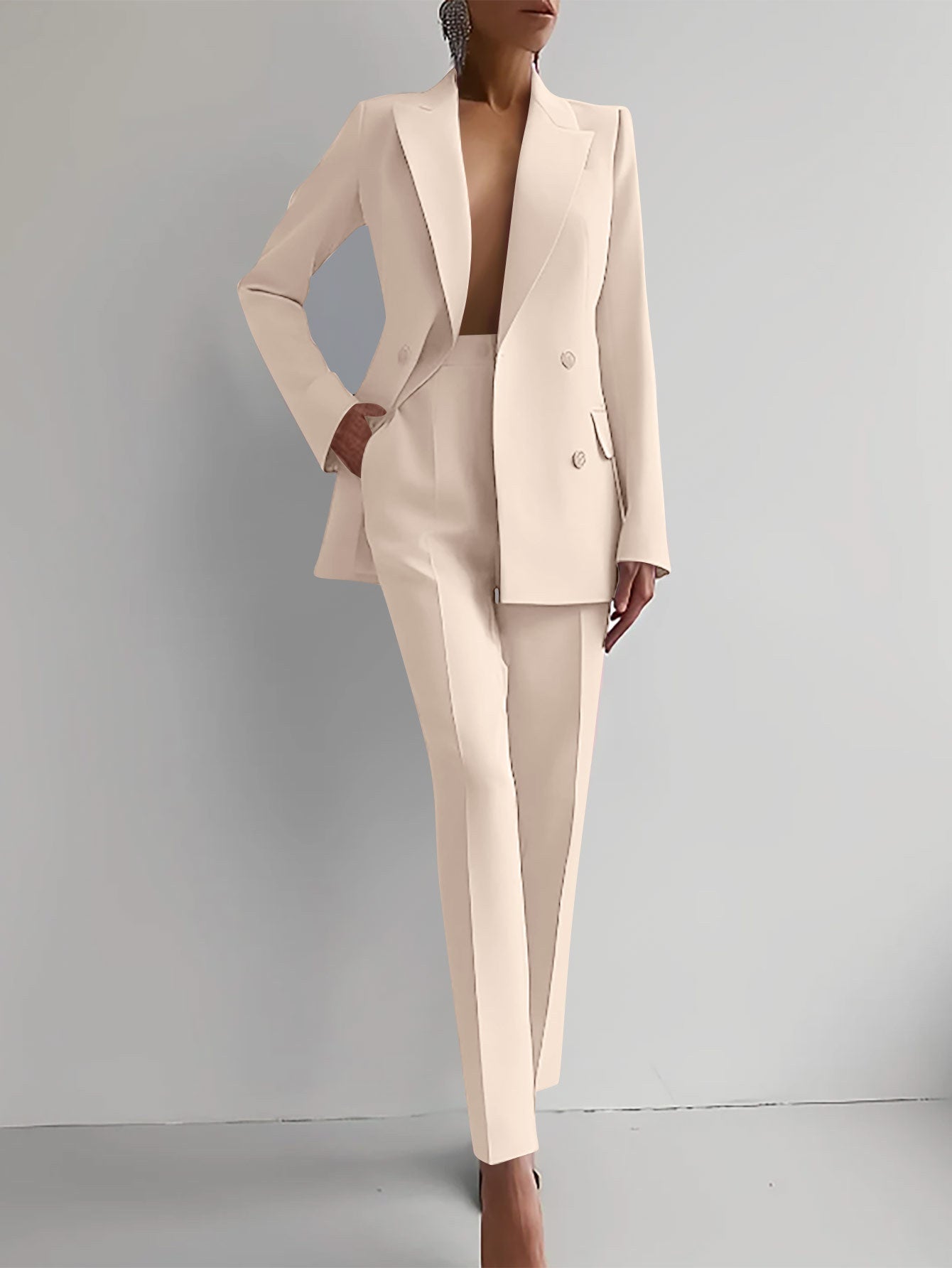 Casual Commuting Solid Colour Blazer & High Waist Trousers Set