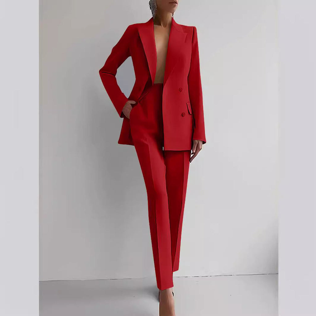 Casual Commuting Solid Colour Blazer & High Waist Trousers Set