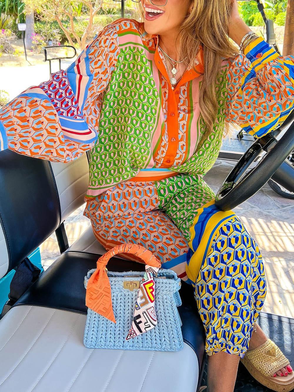 Colourful Unique Print Balloon Sleeve Button Loose Shirt