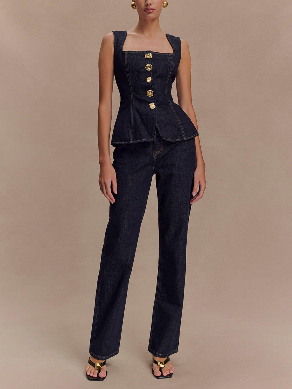 Unique Button-Down Denim Vest Top + Straight Jeans