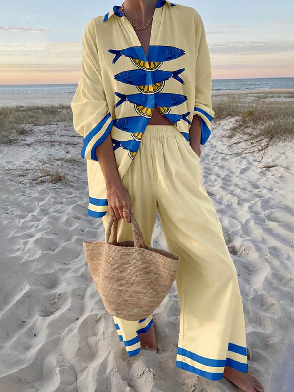 Ocean Print Oversized Shirt and Elastic Waist Pocket Trousers Set