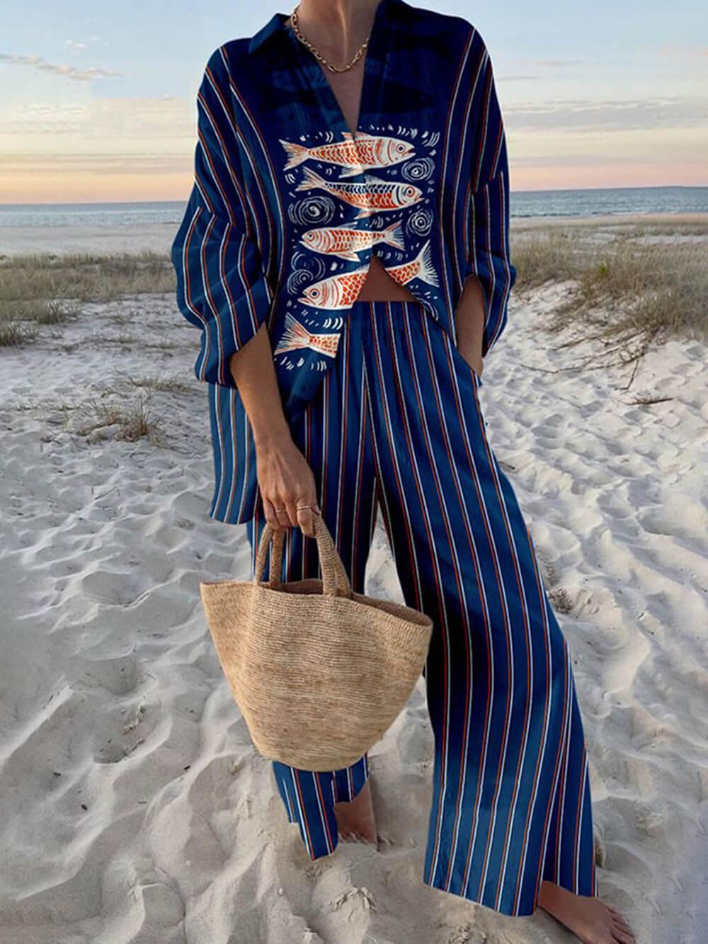 Ocean Print Oversized Shirt and Elastic Waist Pocket Trousers Set