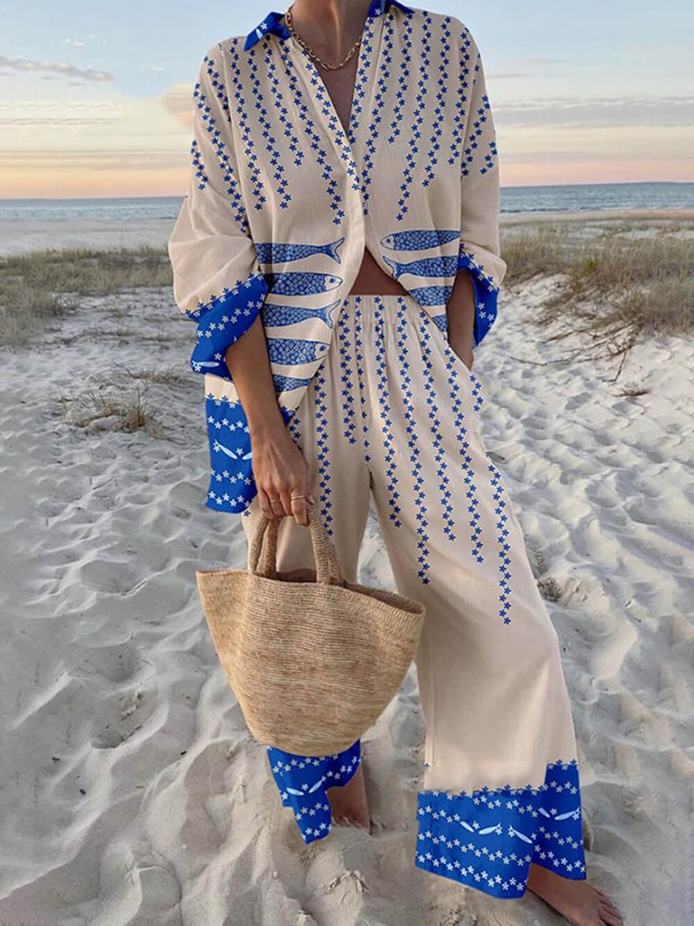 Ocean Print Oversized Shirt and Elastic Waist Pocket Trousers Set