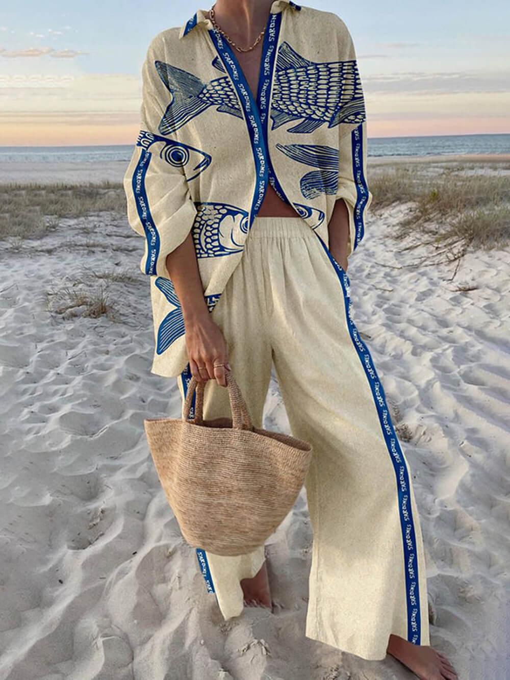 Ocean Print Oversized Shirt and Elastic Waist Pocket Trousers Set