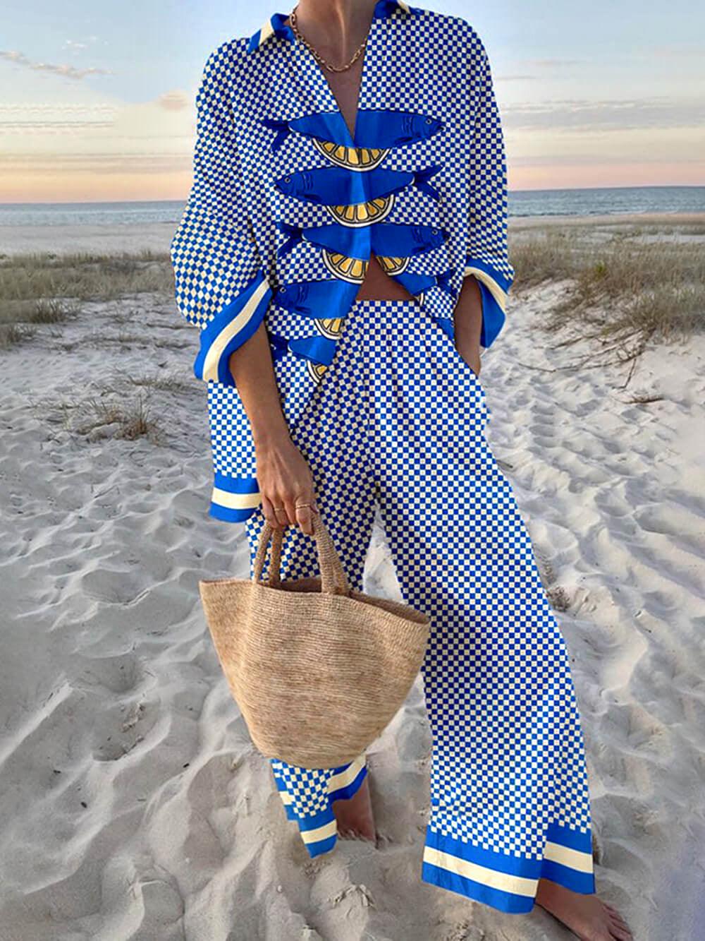 Ocean Print Oversized Shirt and Elastic Waist Pocket Trousers Set