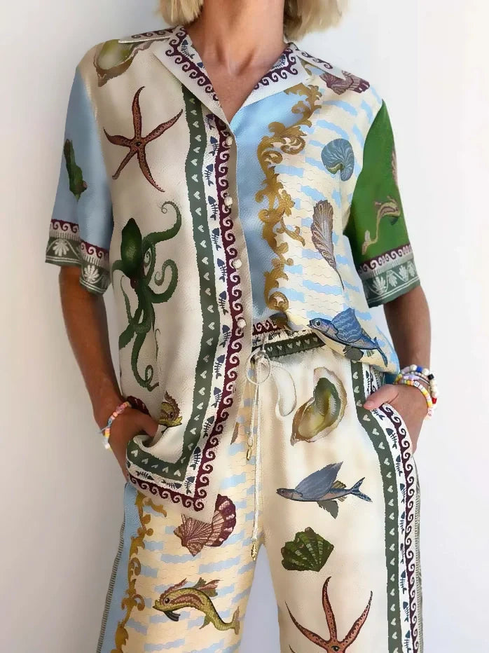 Unique Deep Sea Floral Print Loose Shirt and Trousers Set