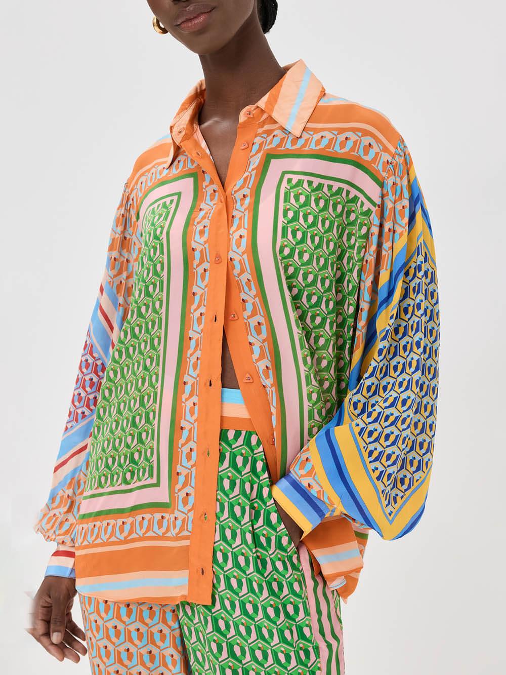 Colourful Unique Print Balloon Sleeve Button Loose Shirt