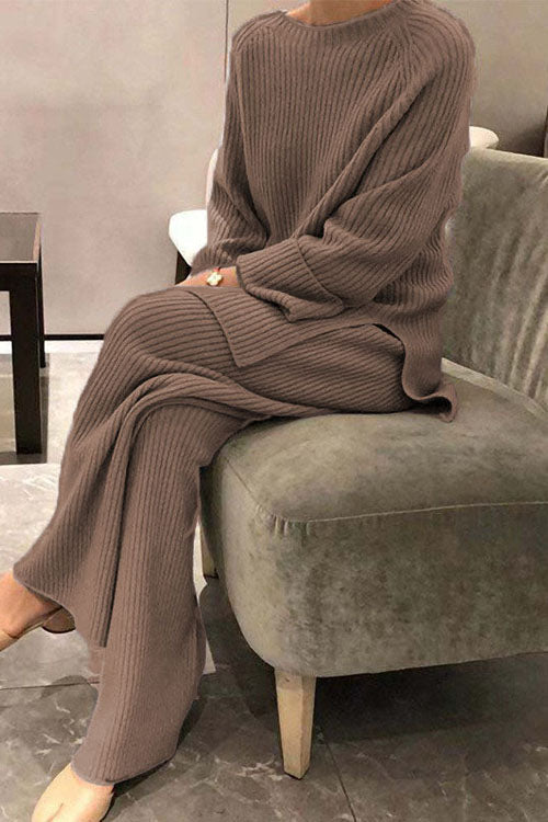 Long-sleeved solid colour knitted casual sweater two-piece