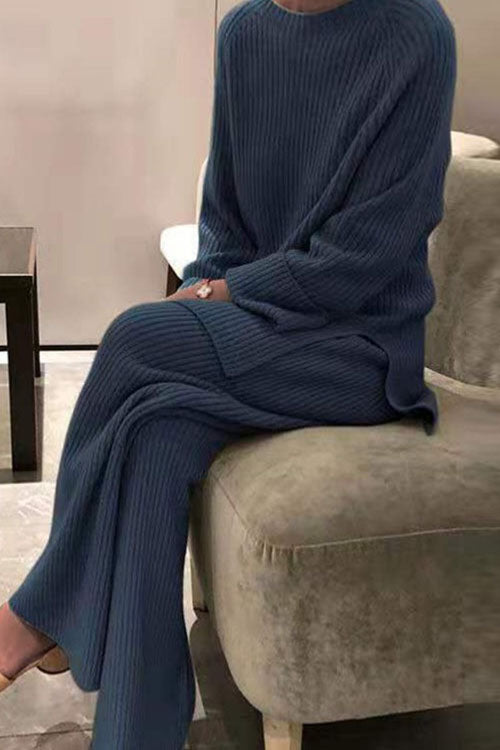 Long-sleeved solid colour knitted casual sweater two-piece