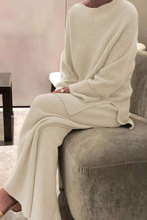 Long-sleeved solid colour knitted casual sweater two-piece