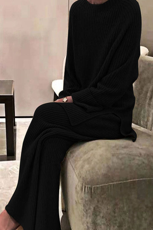 Long-sleeved solid colour knitted casual sweater two-piece