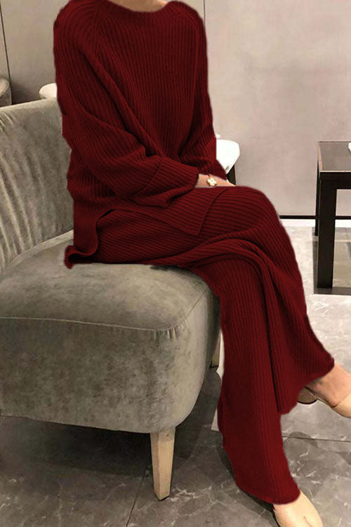 Long-sleeved solid colour knitted casual sweater two-piece