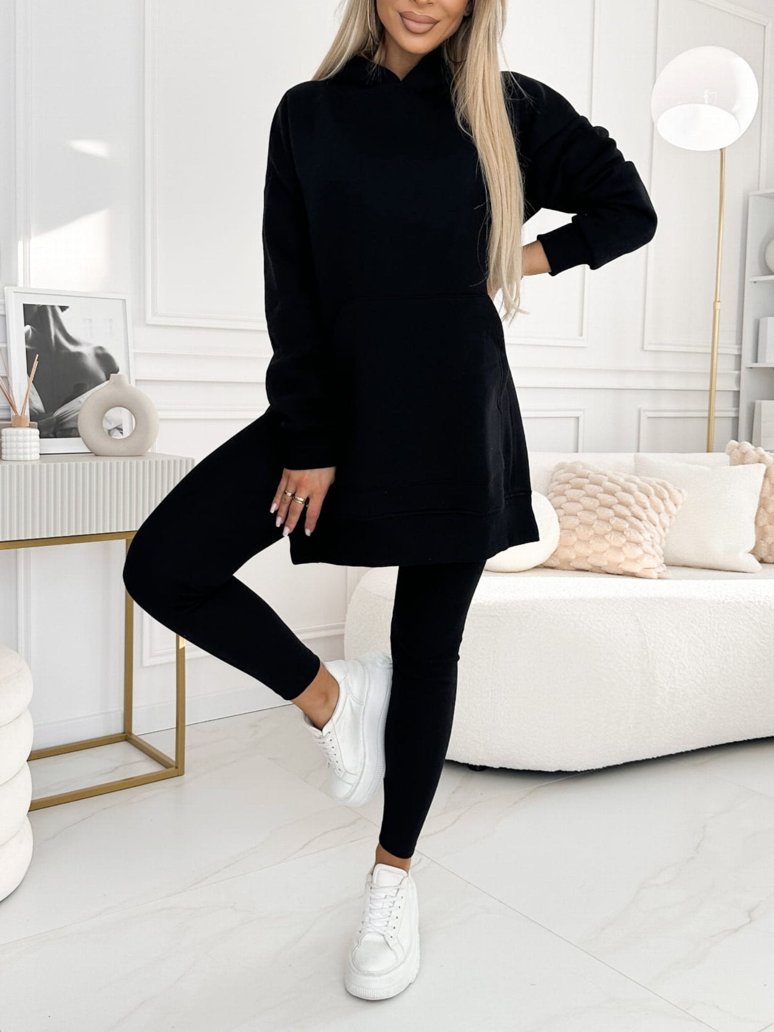 Fashion Solid Colour Hoodie and Lined Leggings Two-piece Set