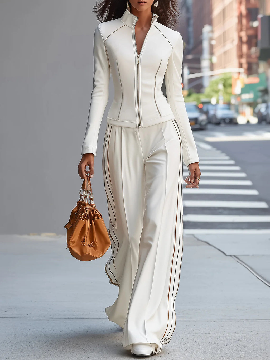 White stand-up collar zip-up wide-leg pant set