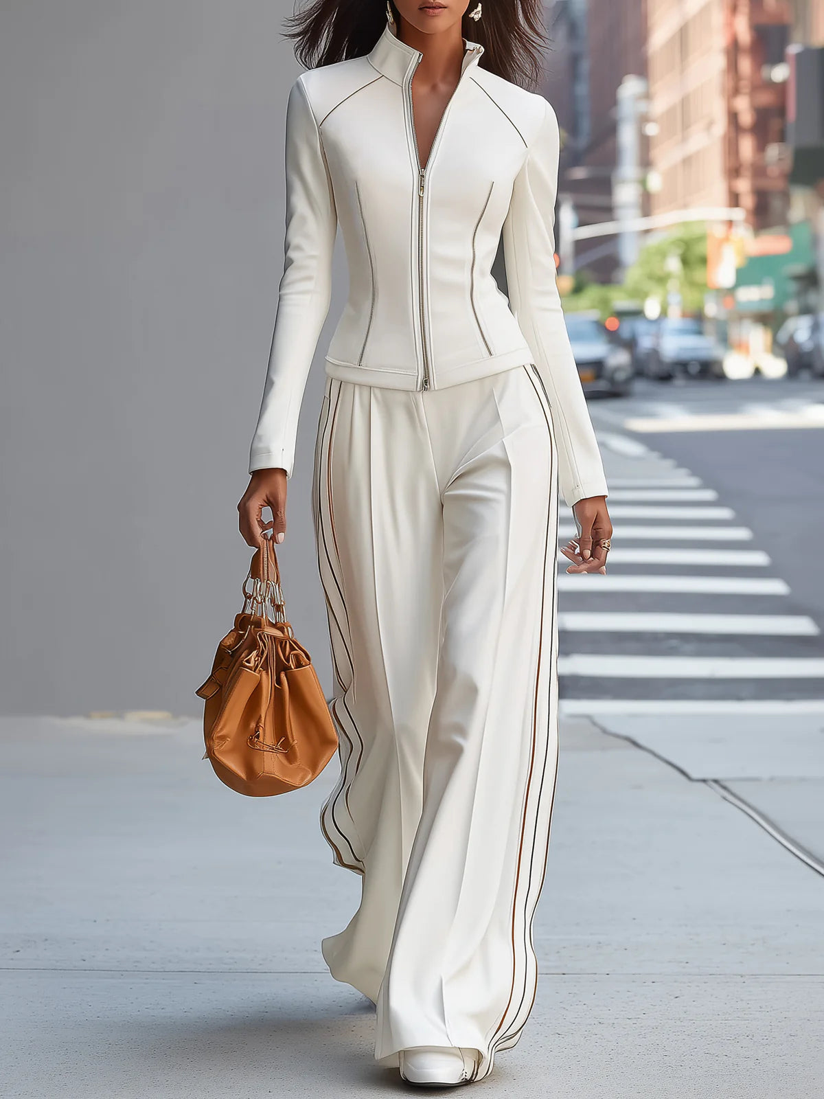 White stand-up collar zip-up wide-leg pant set