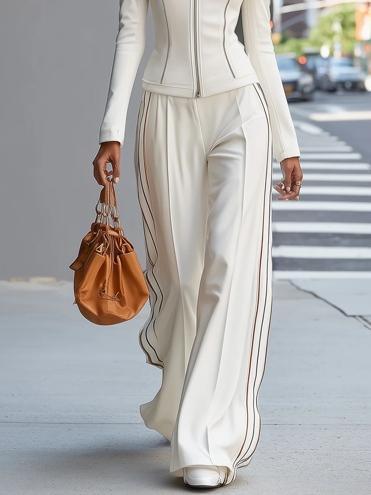White stand-up collar zip-up wide-leg pant set