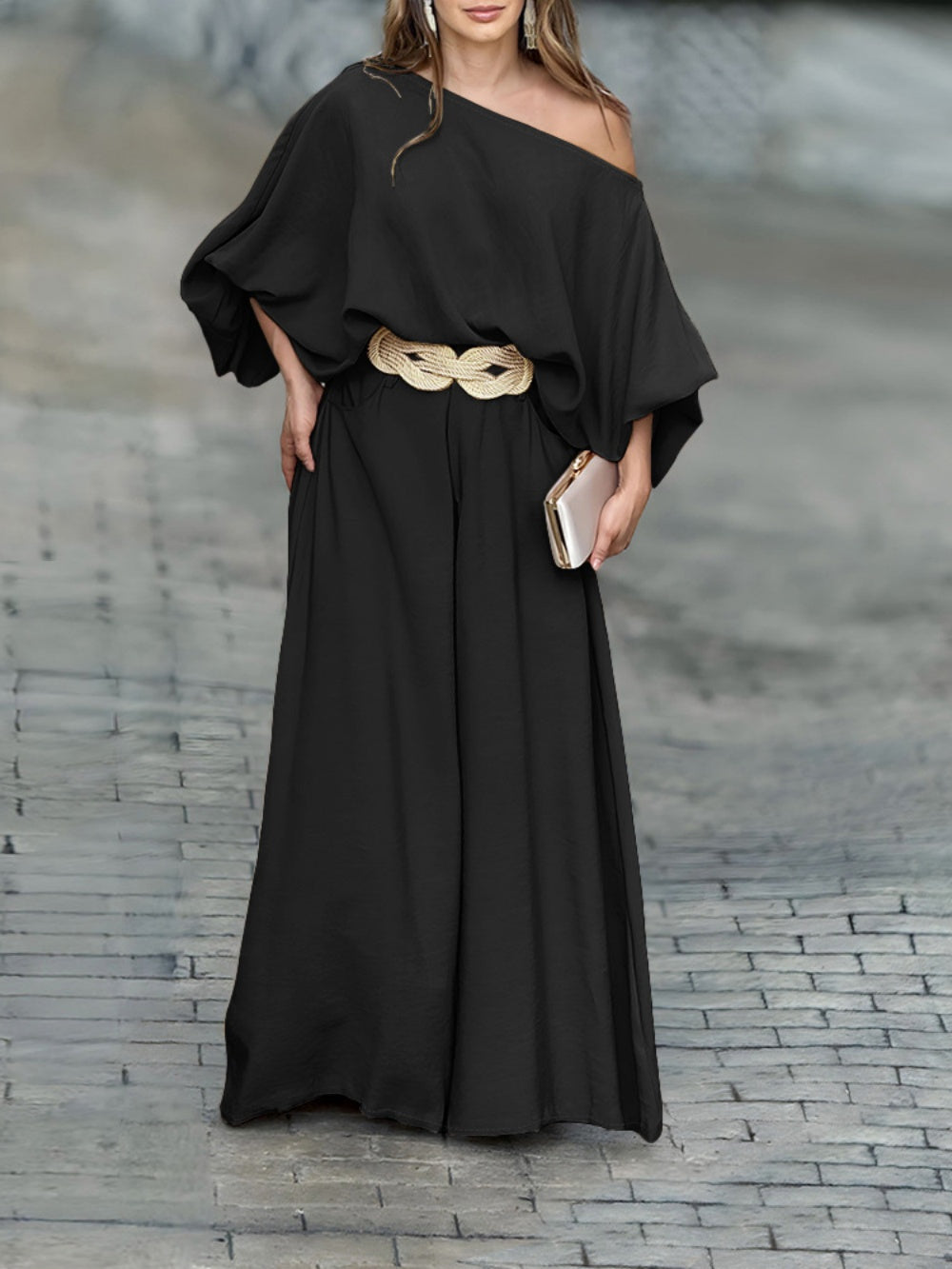 Off-shoulder lantern sleeve loose top and trousers set