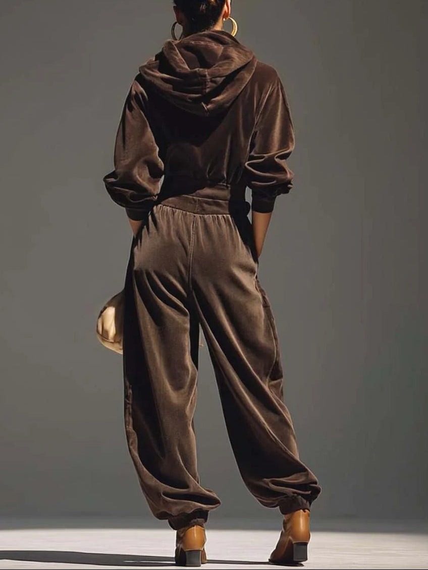 Vintage Brown Velvet Hoodie and Loose-Fitting Trousers Set (Includes Belt)