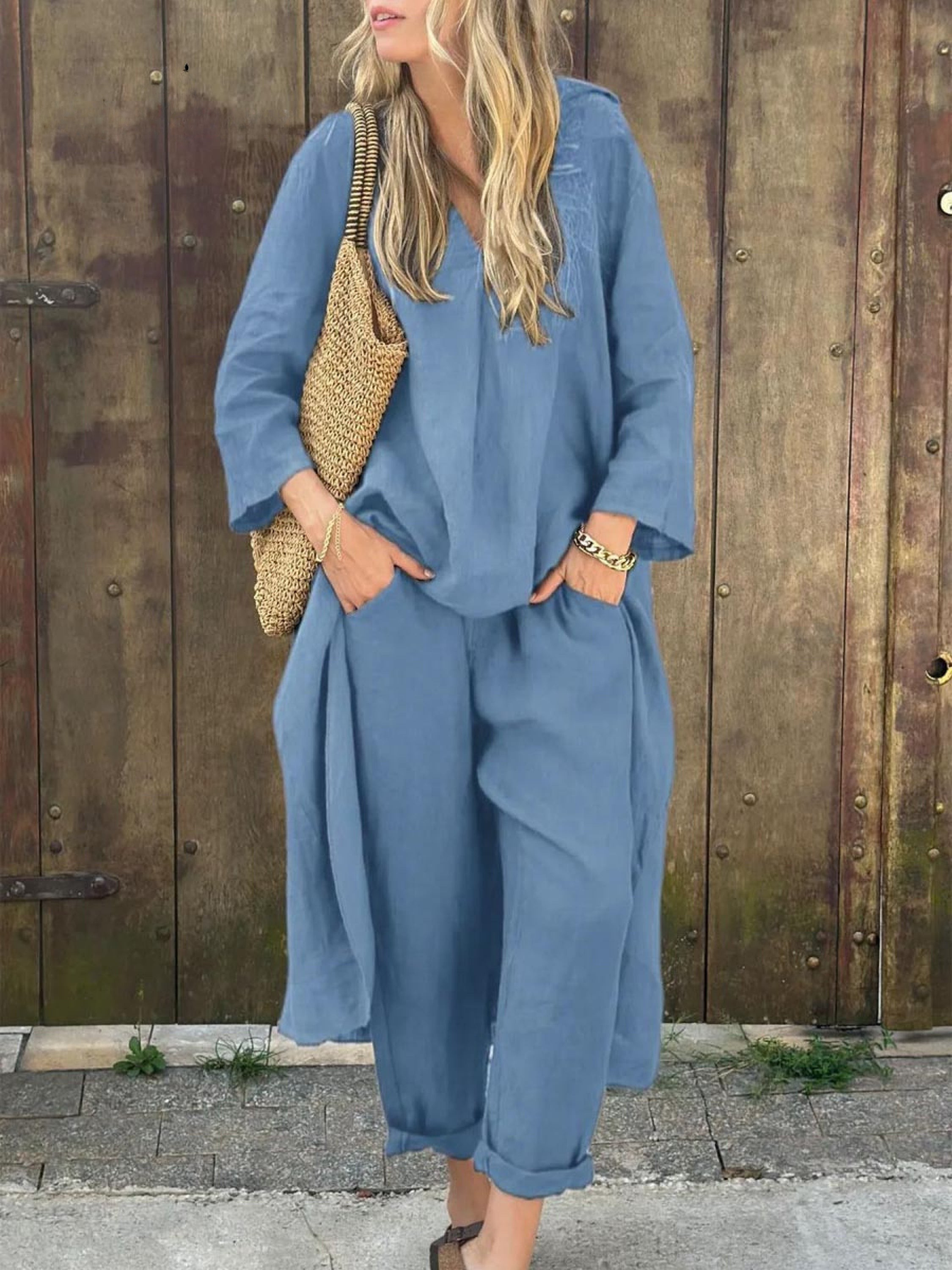 Linen Irregular Loose V-neck Top and High-Waisted Pocket Wide-leg Trousers Set