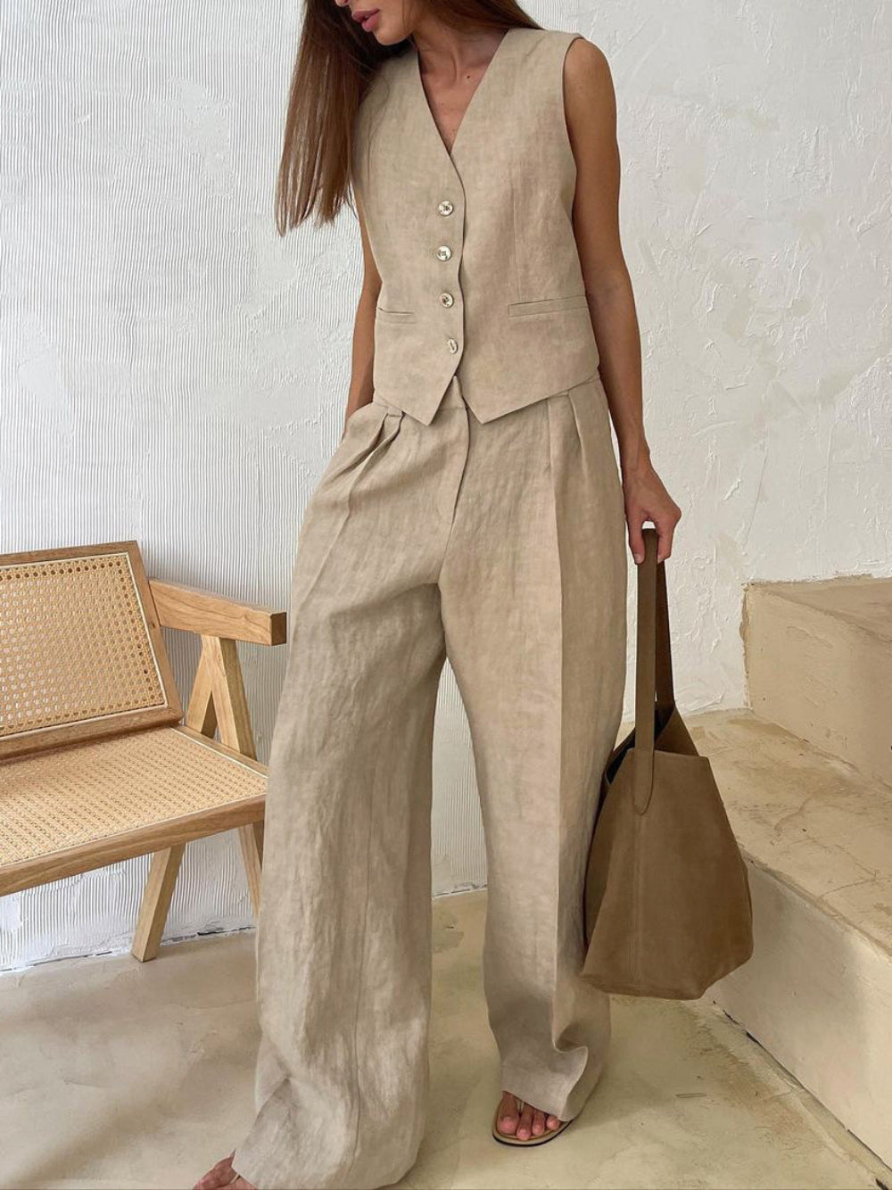 V-Neck Pleated Wide-Leg Trousers Two-Piece Set
