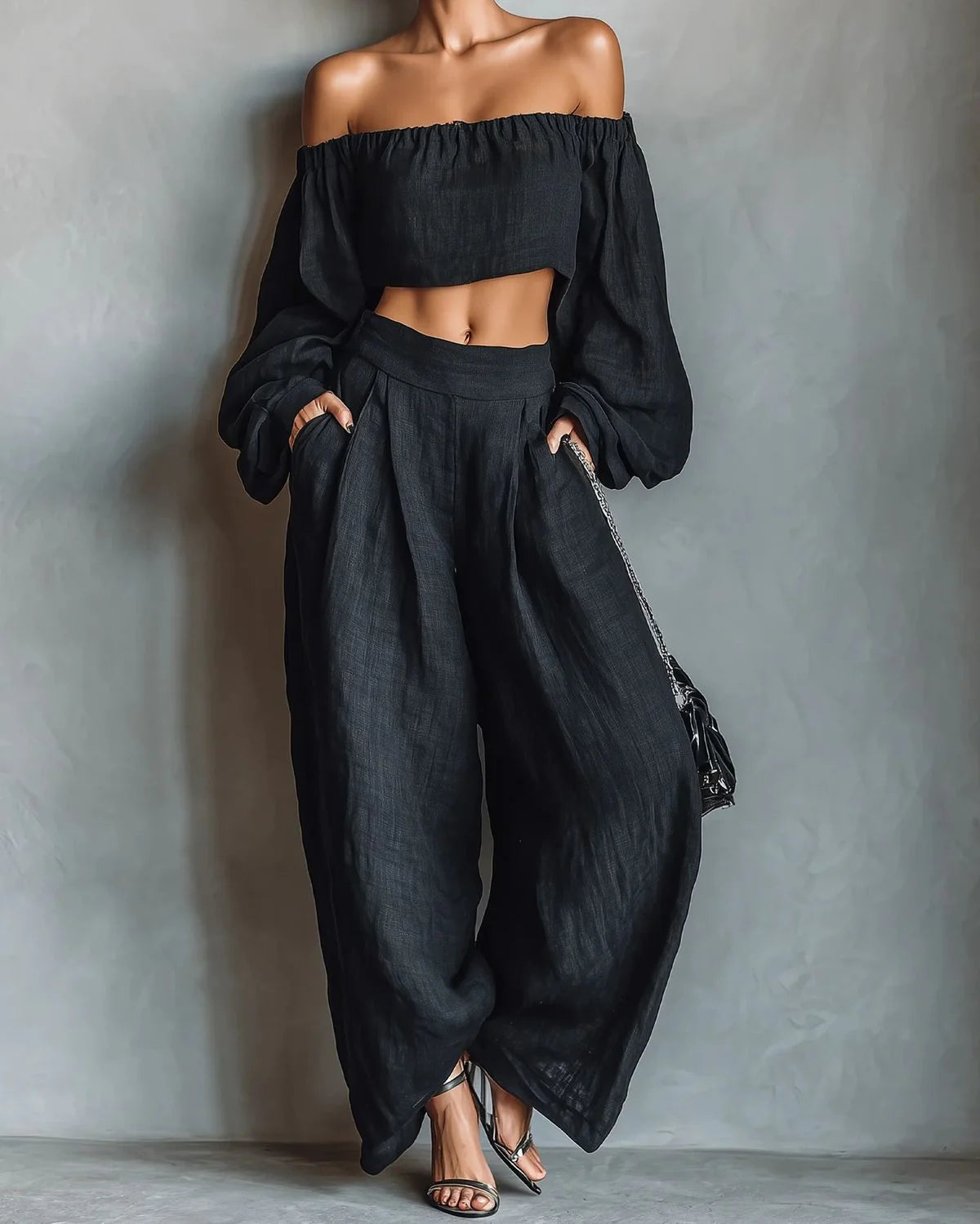 Black off-the-shoulder long sleeve top set with wide pants