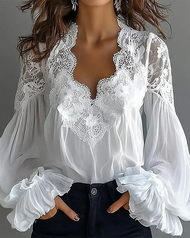 Blouse Lace Patchwork V-Neck