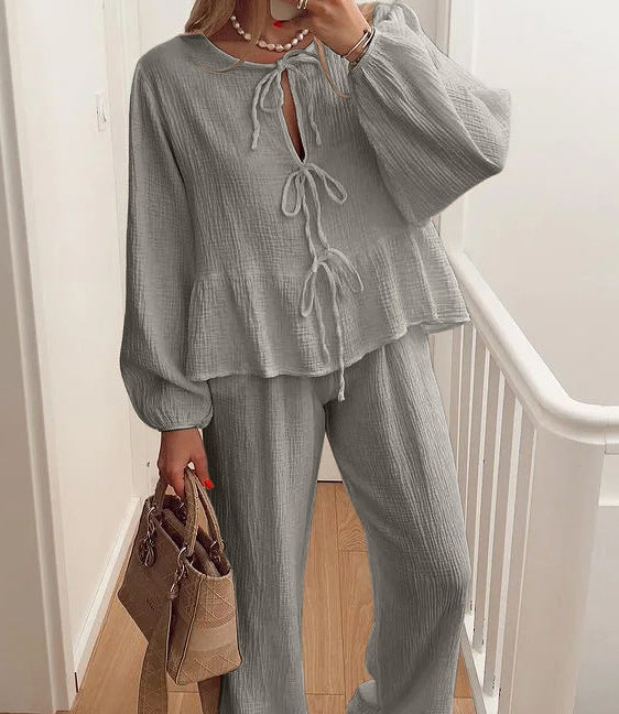 Casual Solid Colour Lace-Up Top & Trousers Two-Piece Set