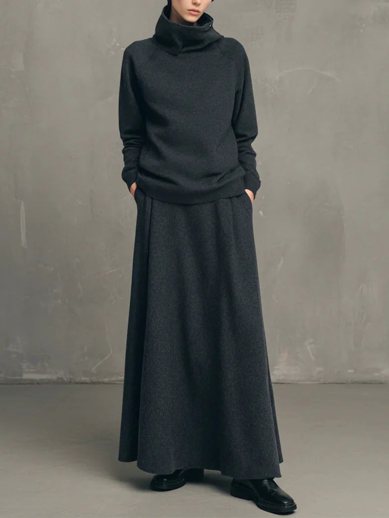 Charcoal Gray Air-layer High-neck Top And Flared Long Skirt Set