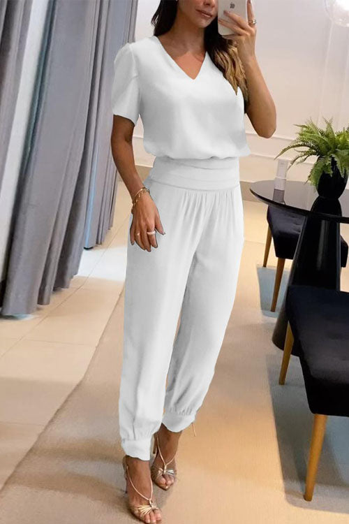 Casual V-Neck Printed Short Sleeve Long Trousers Two-Piece Set