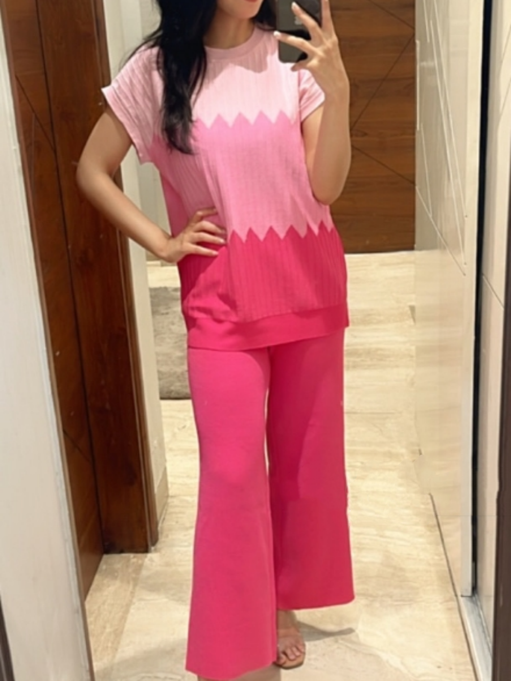 Contrast Colour Crew Neck Sweater Wide Leg Trousers Suit