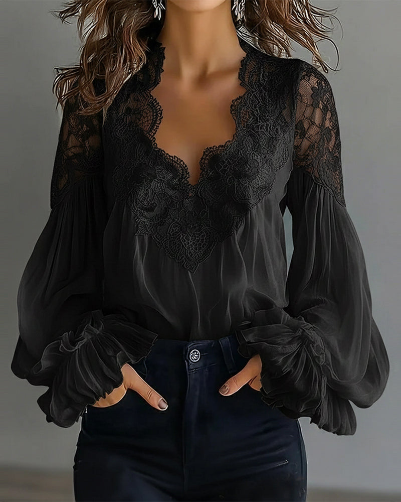 Blouse Lace Patchwork V-Neck