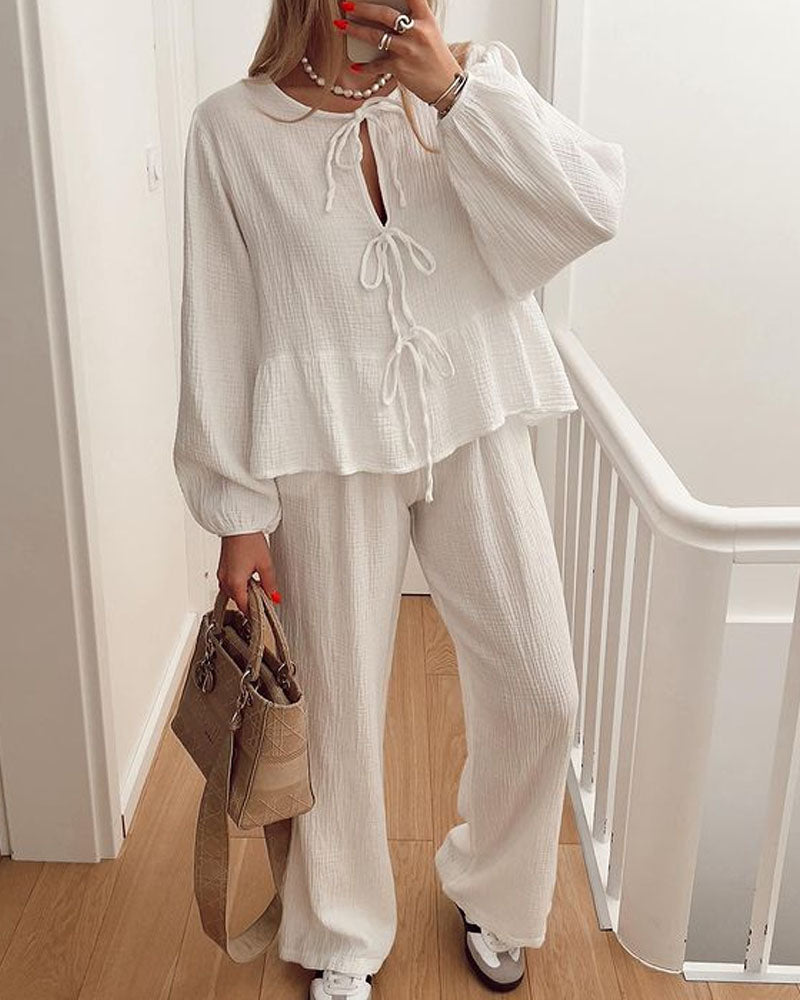 Casual Solid Colour Lace-Up Top & Trousers Two-Piece Set