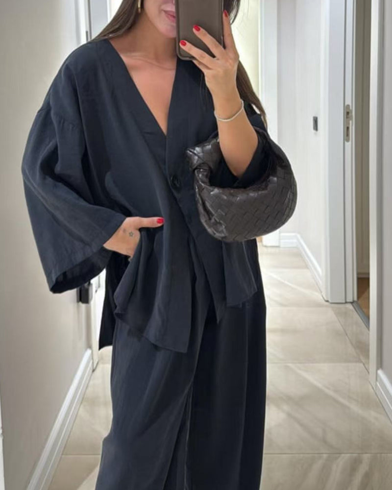 Casual V-Neck Top & Trousers Two-Piece Set